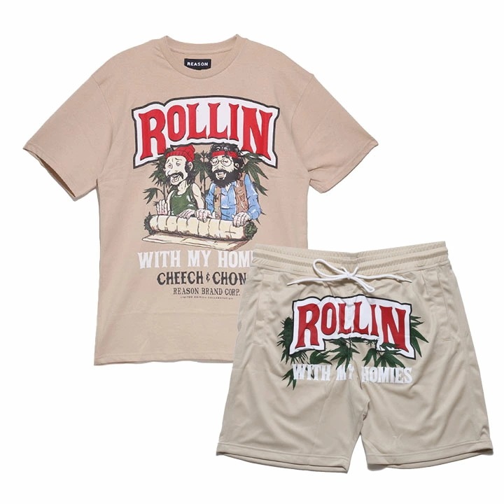 REASON × Cheech & Chong 上下セット 半袖 ブランド Tシャツ ハーフパンツ メンズ 春夏用 カーキ 大きいサイズ チーチ&チョン チーチョン