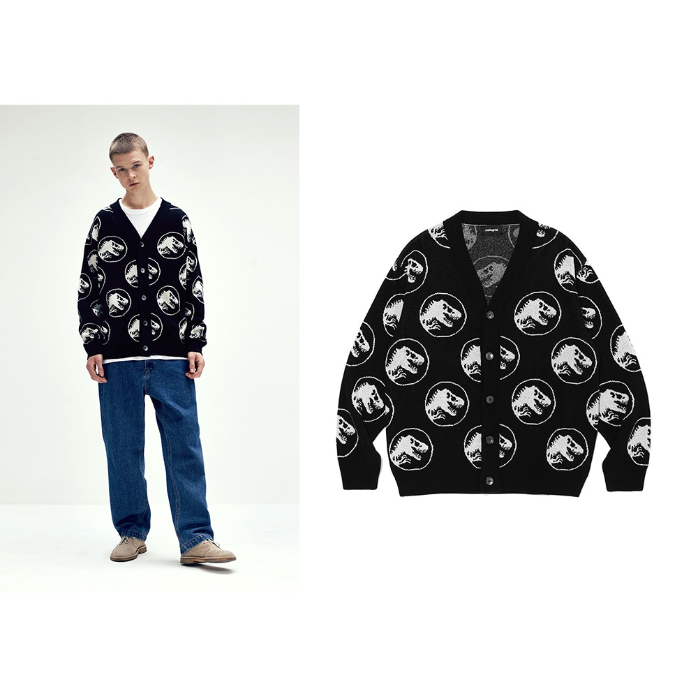 StrayKids着用/ジュラシックロゴインターシアカーディガン[ブラック]/大学生ファッション 韓国の人気ブランド 韓国ストリートファッション 14,288円