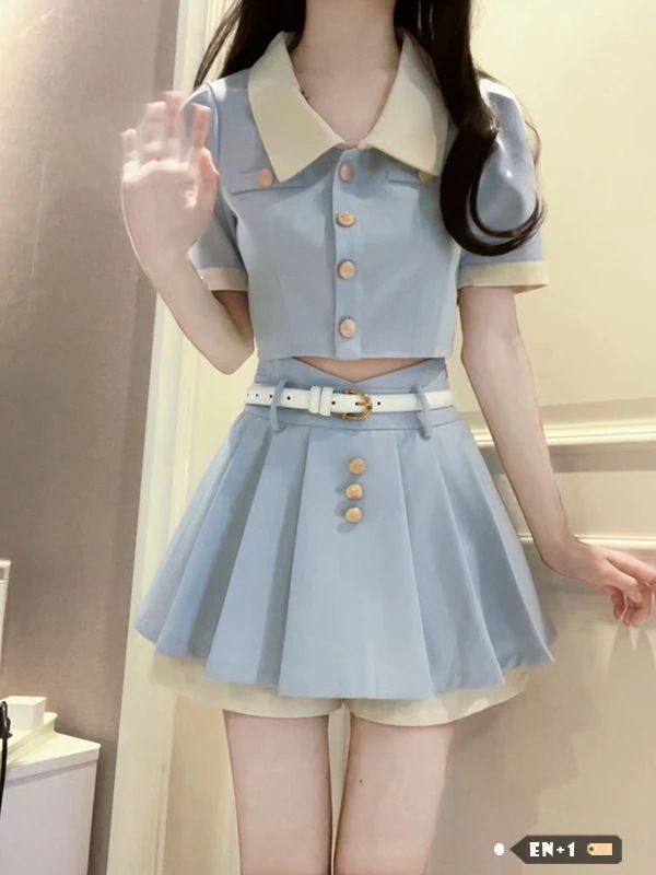 涼しく楽ちんセットアップ 制服カレッジ風開襟ショート丈トップス2点セット夏のハイウエストプリーツスカート レディース 韓国ファッション