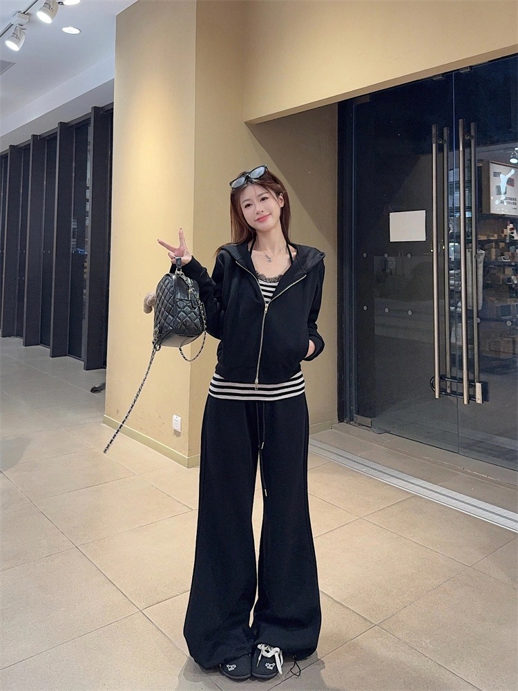 25 韓国風 ショートアウター×パンツ ロング丈 かわいいレディース無地フード付き 長袖 タイトセットパーカーフーディーブルサイズトップスカジュアルファッション系袖アップシルエット