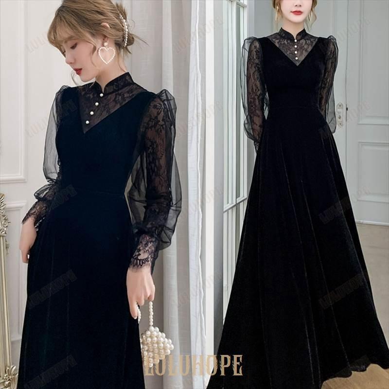 おしゃれロング ドレス パーティードレス 個性的 黒 袖あり 長袖 レース おしゃれ 結婚式 二次会 お呼ばれ 演奏会 発表会 大人 かっこいい