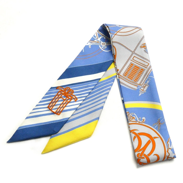 HERMES エルメス ツイリー ステッカー EX-LIBRIS スカーフ ブルー 853791S 09 レディース 中古 美品スカーフ