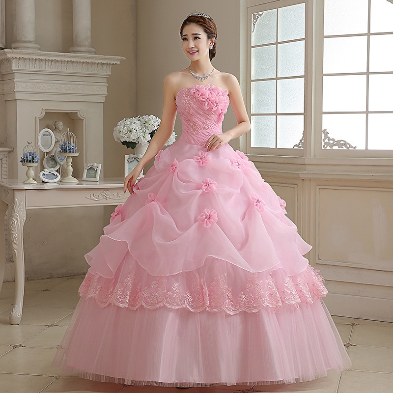花嫁は薄い大きなサイズの花ふわふわレースピンクチューブトップウェディングドレスでした