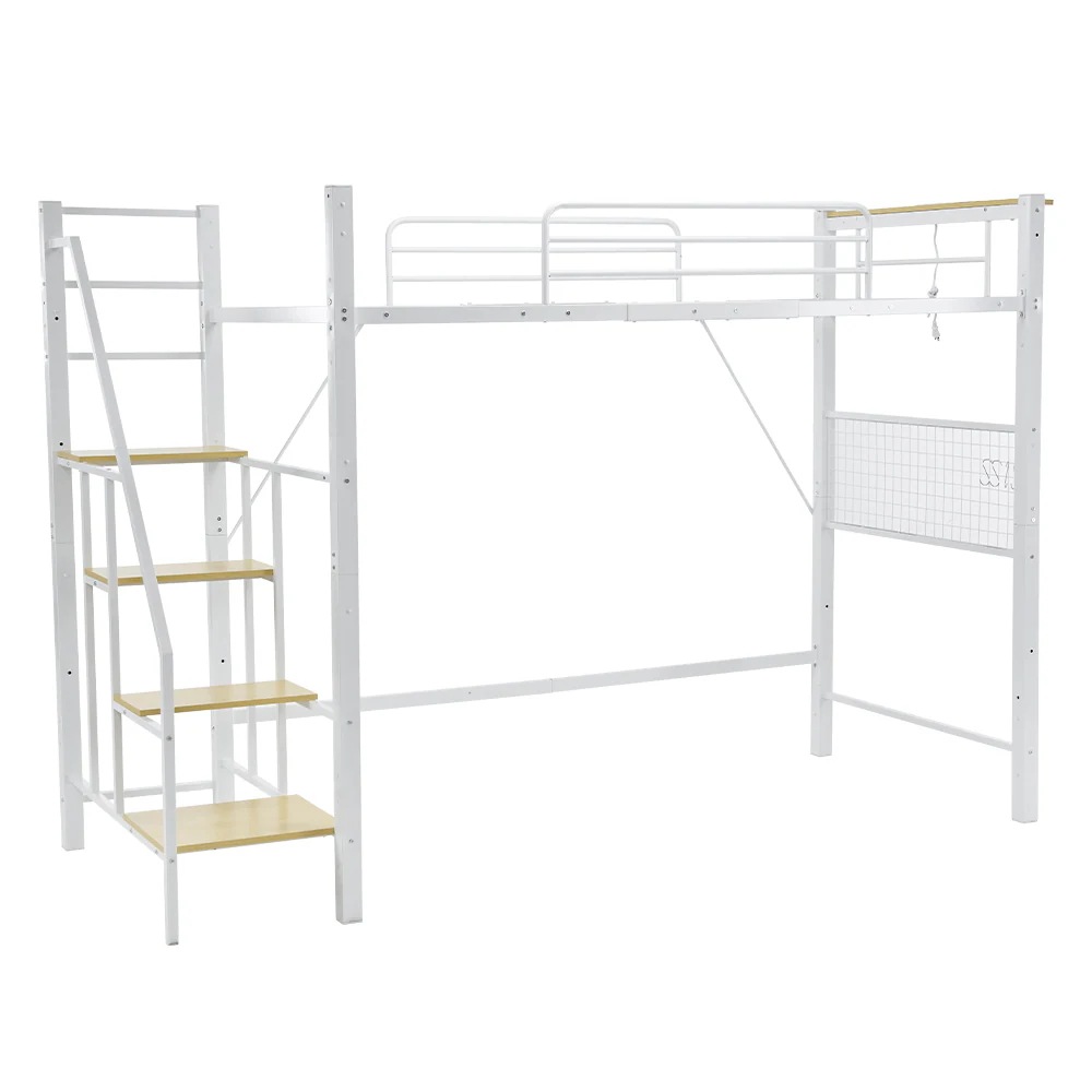 51【ホワイト】2025年新作 システムベット ロフトベッド シングル コンセント付き 収納付き 耐荷重150kg 高さ173cm 北欧風 スチールネット S型フック付きスチール 耐震 ベッド パイプ