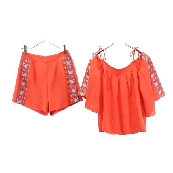 半袖 刺繍肩あき カットソー 上下セットアップ F/1 オレンジ系 ショートパンツ レディース