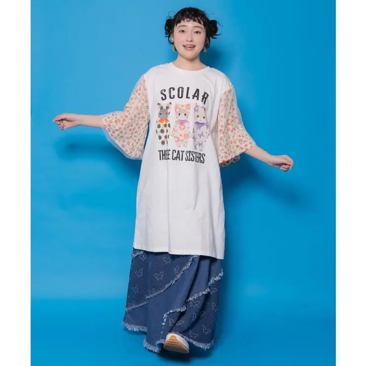 おしゃれネコシスターズ チュール重ね袖ワンピース