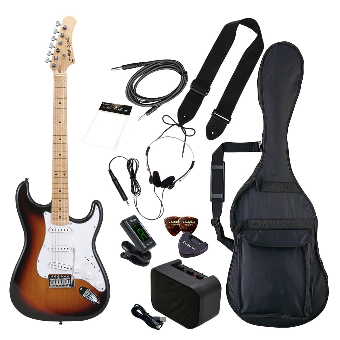 PhotoGenic エレキギター 初心者入門 ビギナーセット STタイプ ST-180M/SB サンバースト(メイプル指板) [ソフトケース/シールド/ミニアンプ/チューナー/ヘッドフォン/ストラッ