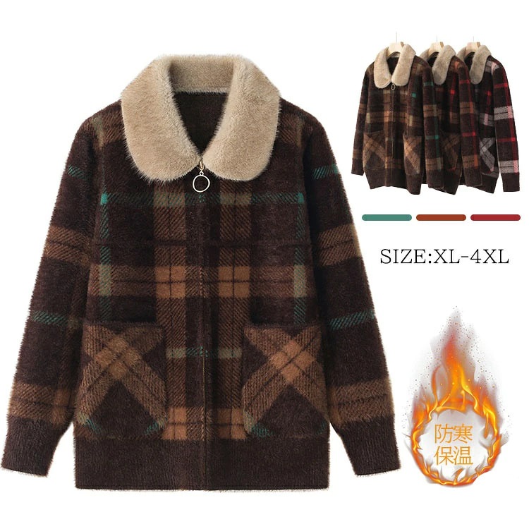ニット レディース ニットカーディガン ファー襟 厚手 ジップアップ もこもこ ジャケット チェック柄 コート 保温 大きいサイズ 高齢者 シニア アウター 秋服 トップス 羽織り ふんわり
