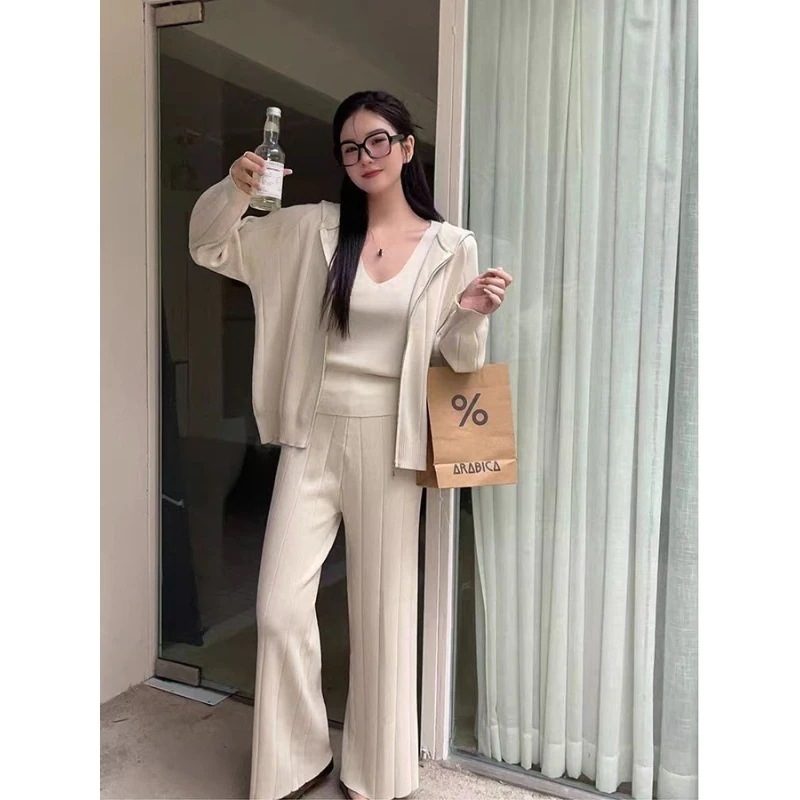 三点セット 韓国ファッション 着痩せ トップス アウター 上下セット ワイドパンツ セットアップ パンツ ロングパンツ ニット レディース 【高.品.質】 高級感 体型カバー