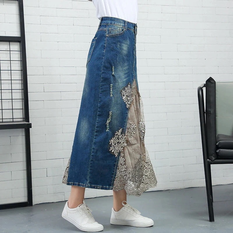 ファッショナブルなレースオーバーニーデニムスカートスパンコールビーズAラインミディスカート