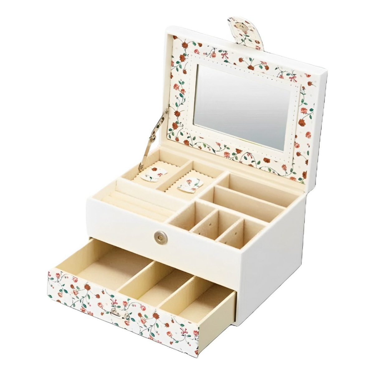 アクセサリーケース フラワー ジュエリーボックス Mサイズ 引き出し 幅18x奥行13x高さ11cm レザー調 収納 アクセサリートレー ミラー付き ボックス 宝石箱 ネックレス リング