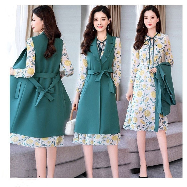 2点セット レディース セットアップ ワンピース 膝丈ワンピース 長袖 シフォン 花柄 トップス カ