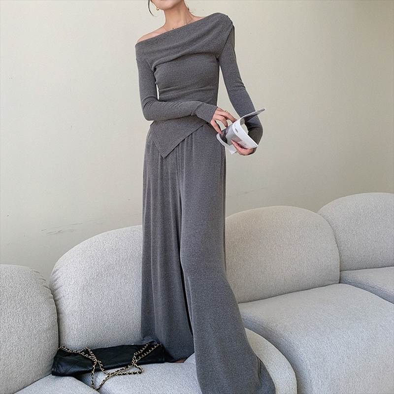 パンツセットアップ オフショルダートップス＋ロングワイドパンツセット ツーピース レディース トップス パンツ ボトムス セットアップ オールインワン ロング 長袖 オフショルダー ストレート スマー