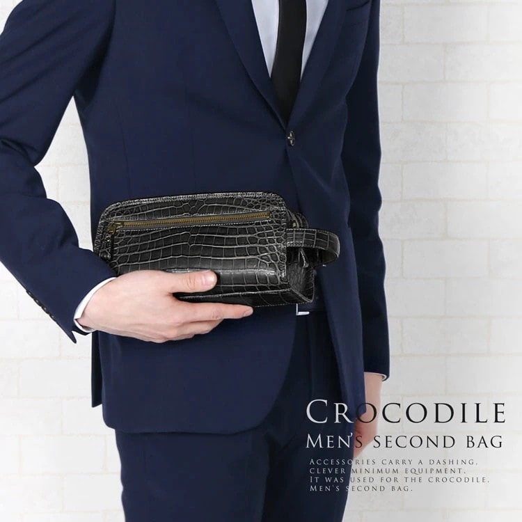 日本製クロコダイルメンズセカンドバッグWファスナーマット加工(3552r)