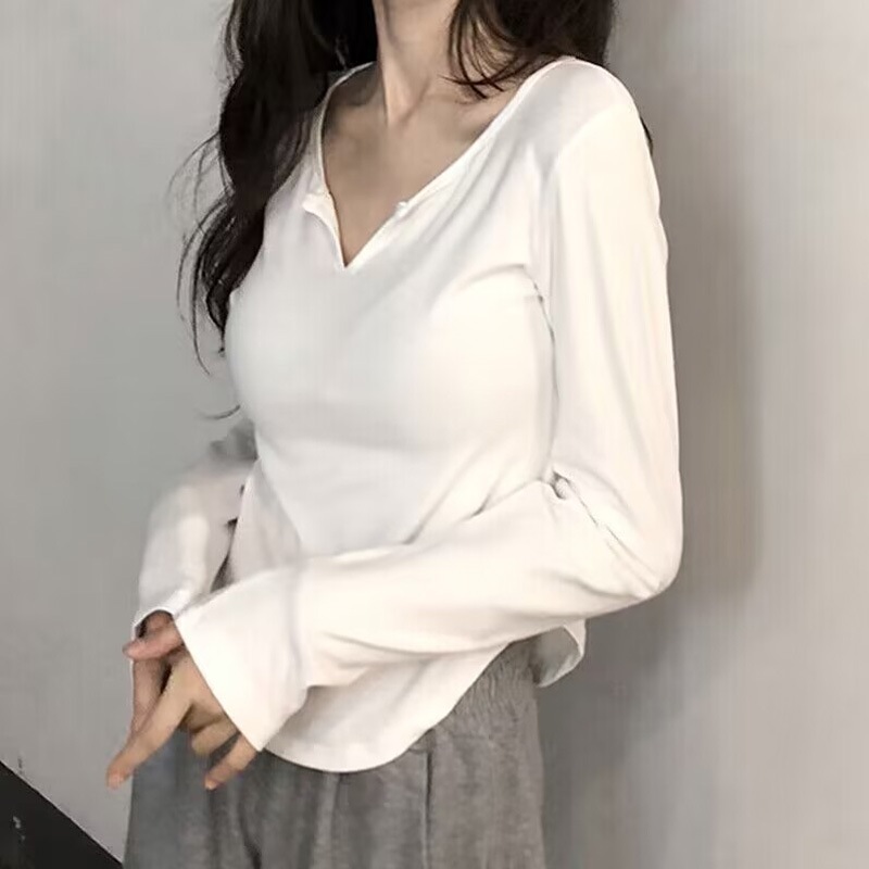 カーブヘム長袖tシャツレディース糸入りコットン初春秋韓国風万能スリムvネックトップスtシャツ