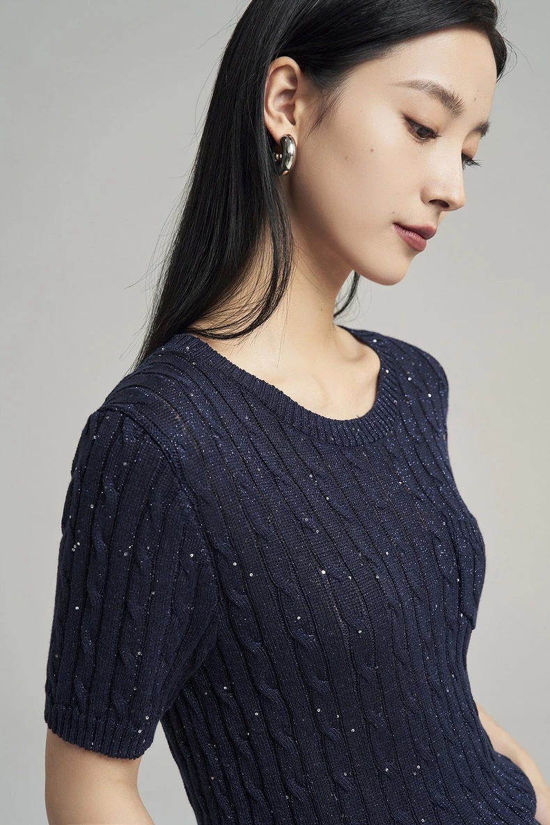 ラメ入り ニットセーター ベージュ ネイビー ブラック S M L 五分袖 天ライセル イタリア産 カジュアル フォーマル 春夏 レディース 上品 通気性 軽量 高級感 【LPIUTY】