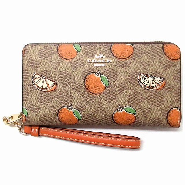 コーチ 財布 COACH アウトレット シグネチャー ロング ジップ アラウンド ウォレット オレンジ プリント フルーツ柄 長財布 CAO92 IMTAM