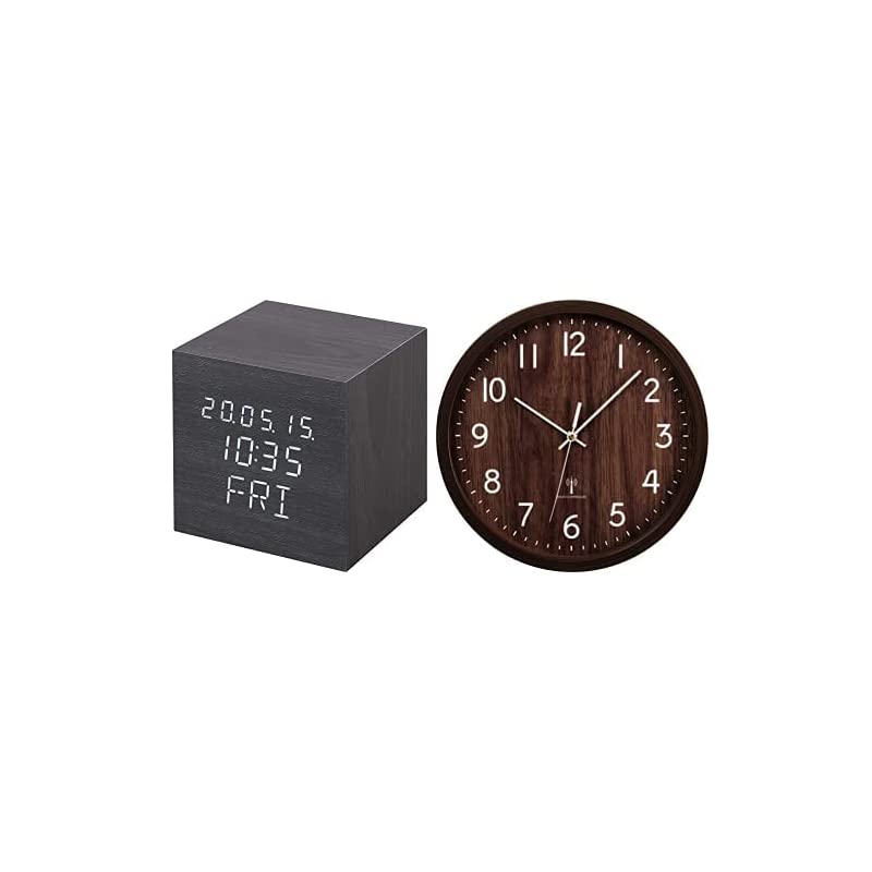 【掛け時計付きセット】アイリスオーヤマ 目覚まし時計 デジタル置き時計 キューブ ブラック ICW