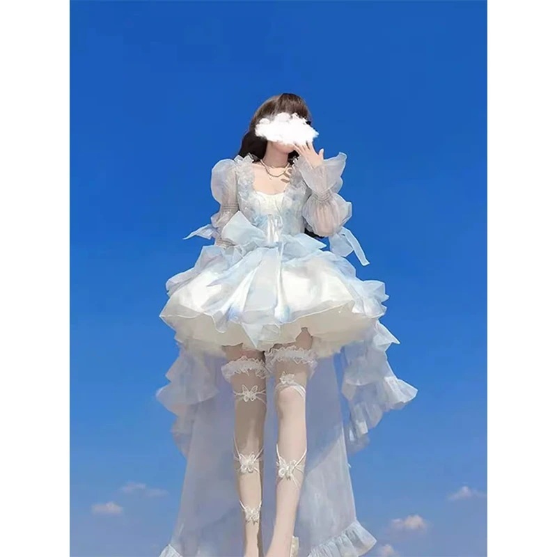 女性用ブルードレスショールドレススーツゴージャスでエレガントなテール付きプリンセスドレス