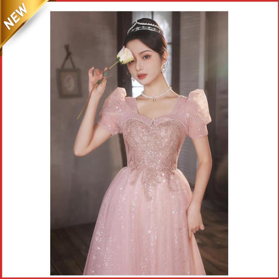 新品登場[安くて出荷が早い]イブニングドレス ピンク キラキラドレス 結婚式ドレス 二次会ドレス パフスリーブ パール プリンセス風 ロングドレス 発表会ドレス パーティードレス