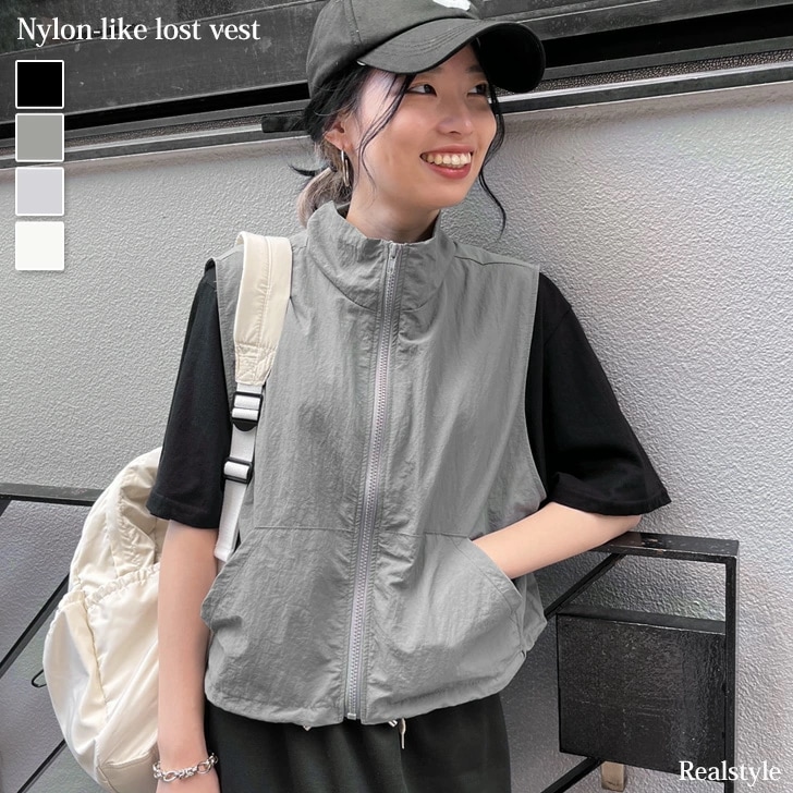 ナイロンライクドロストジップアップベスト レディース トップス アウター ジレ 上着 ノースリーブ 袖なし 薄手 夏 秋 撥水 速乾 おしゃれ シンプル エアリー アウトドア レジャー