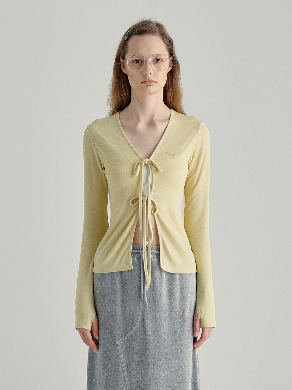 【MARGESHERWOOD】 LACE-UP RIB CARDIGAN : YELLOW