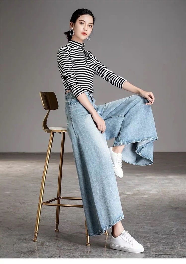 通りすがりの人がみな見ている韓国ファッション デニム ビッグパンツ ニュースタイル ハイウエスト ワイドパンツ トール ラージパンツ ゆったりする キュロット ウォッシュ