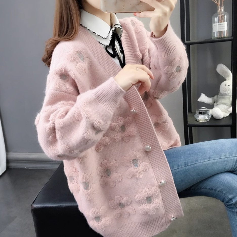 オーバーサイズ トップス セーター カーディガン 袖あり 長袖 Vネック 襟なし 前開き ニット かわいい 大人可愛い きれいめ 上品 おしゃれ レトロ ラブリー キュート ガーリー ルーズ