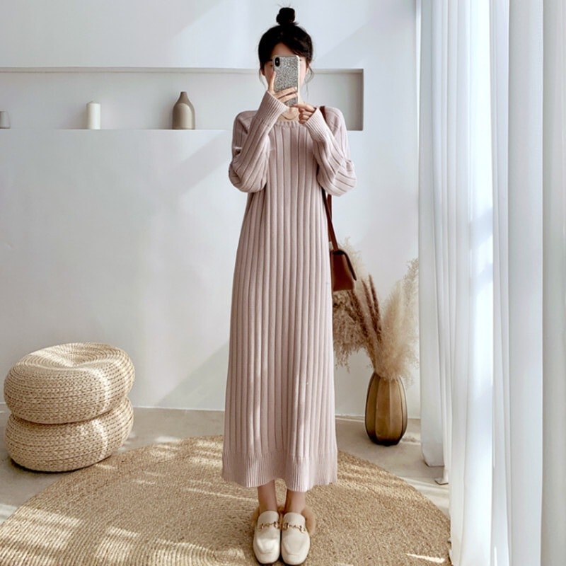 スカート ワンピース デート オールインワン チュニック ロングスカート ロング ロング丈 マキシ マキシ丈 長袖 ラウンドネック クルーネック Iライン 無地 ストライプ 春 秋 冬 デート