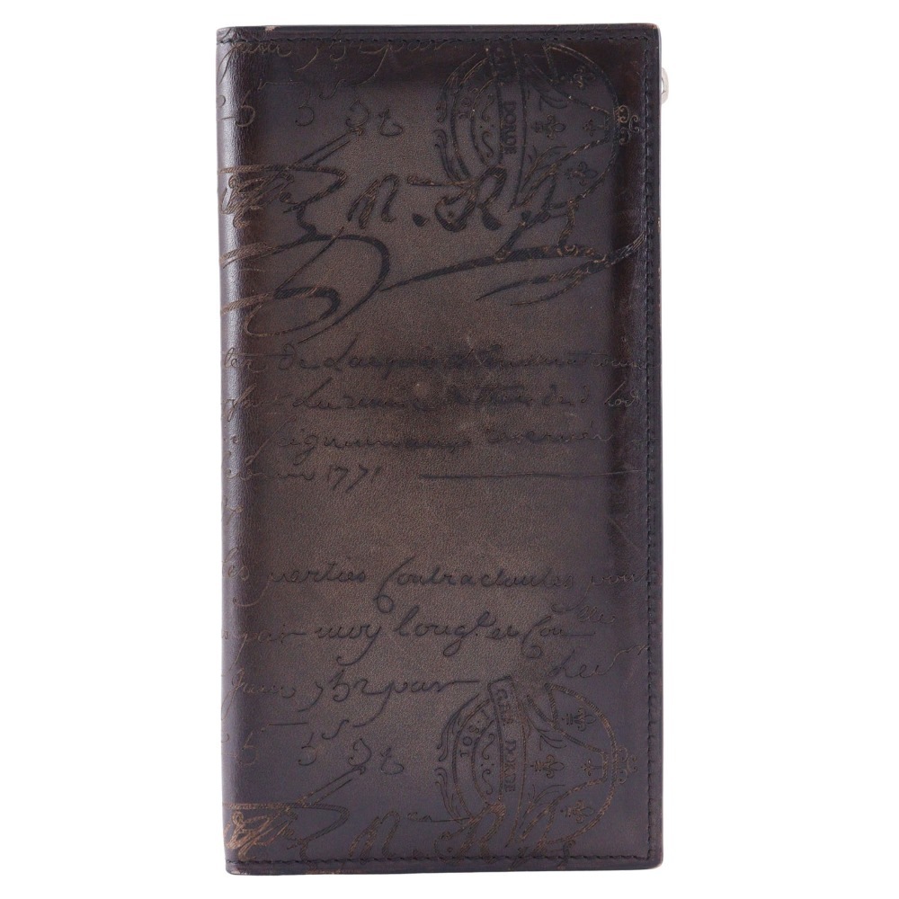 ネオサンタル スクリット カリグラフィ 二つ折り長財布 長財布 カーフ 茶 メンズ 中古品
