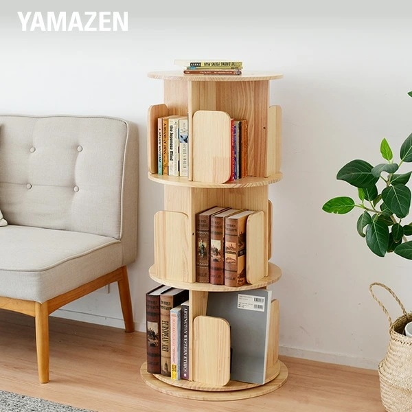 本棚 回転式 木製 3段 直径50 高さ100cm 360度回転 絵本棚 天板に物が置ける A4が入る高さ 天然木 漫画 小さい本棚 ブックシェルフ 組立品