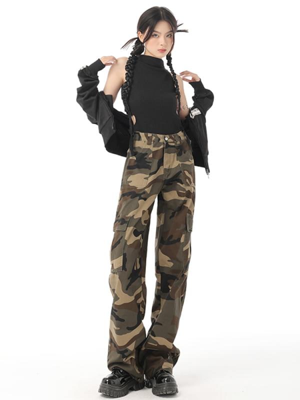 カーゴパンツ レディース ボトムス 迷彩 カモフラ 春秋 クール レトロ ワイド ポケット ストレート ジーンズ カジュアル スリム