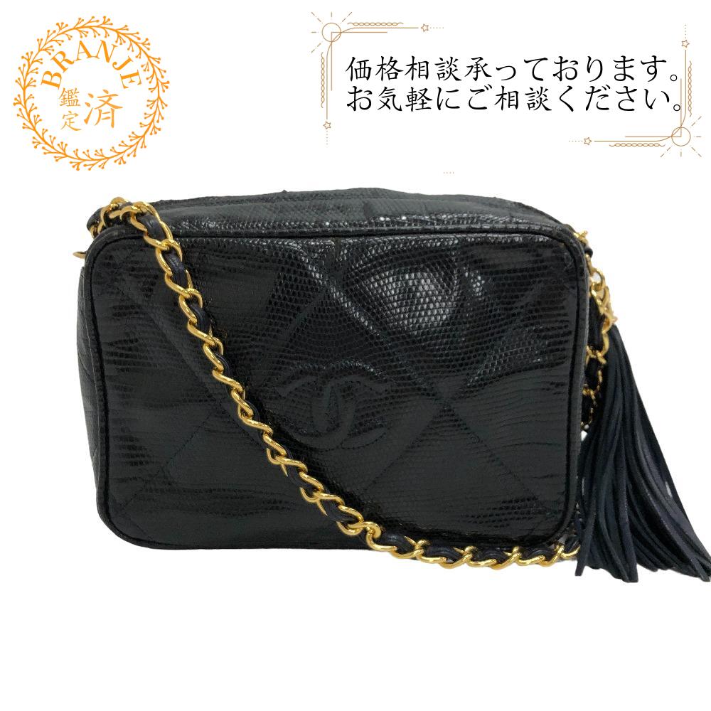 マトラッセ チェーンショルダー ココマーク タッセル リザード ショルダーバッグ ネイビー レディース