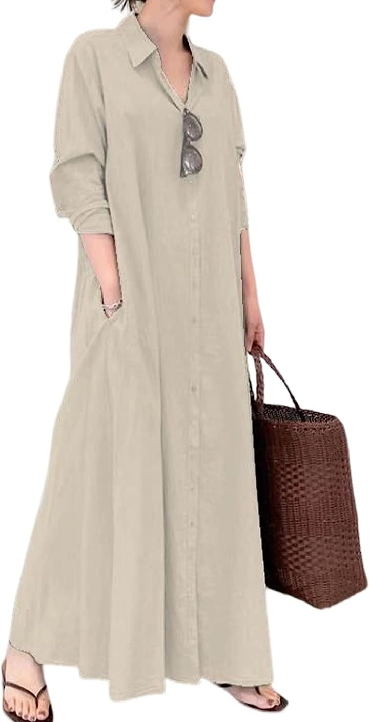 シャツワンピース レディース 長袖 マキシ丈 ロングワンピース( ベージュ, XL)