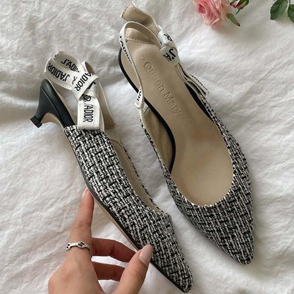 [シューズ] スティレットツイードリボン付きレディースパンプス フラット スリングバック 3cm syq23m307
