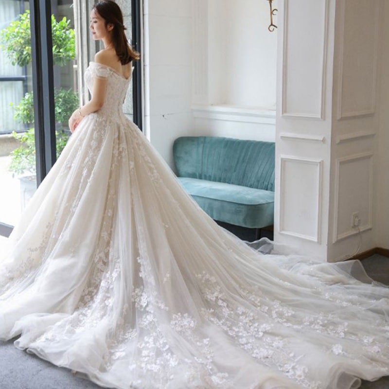 ウェディングドレス レディース 二次会 花嫁ドレス 結婚式 パーティードレス マーメイドライン レトロ オフショルダー 　ライドウェディング(M-0041)