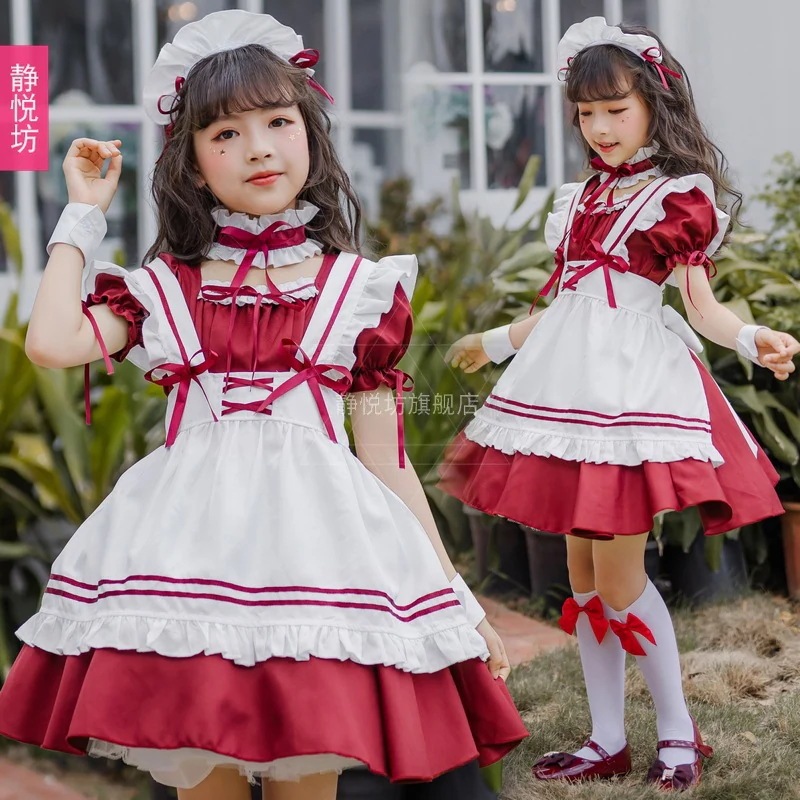 日本の赤い女の子のメイド服子供服ロリータメイドかわいいロリータドレス子供用のふわふわスカートプリンセス