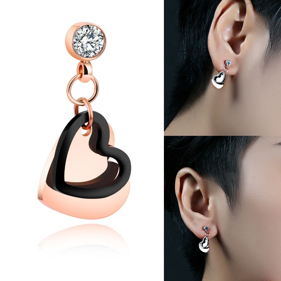 ピンクゴールドブラックダブルハートチャームステンレスピアス 1ペア 両耳 キャッチ スタッド 綺麗