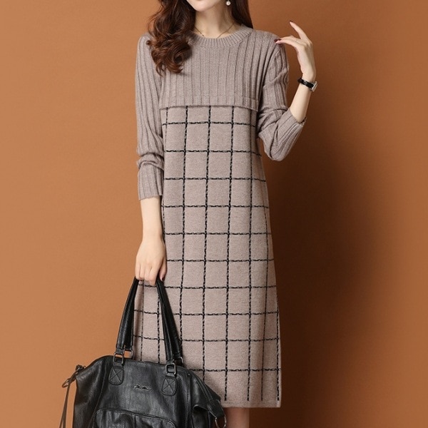 【雑誌に掲載された】 カジュアル チェック柄 プルオーバー 切り替え 膝丈 ニットワンピース レディース 秋冬