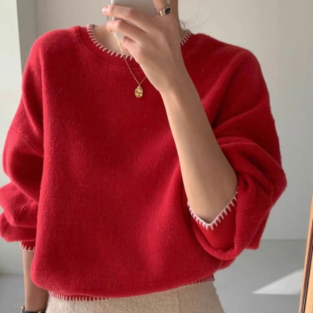 レディース トップス ニット セーター プルオーバー 長袖 ラウンドネック オーバーサイズ フェミニン ストリート 刺繍 ステッチ かわいい 大人可愛い きれいめ シンプル カジュアル 上品