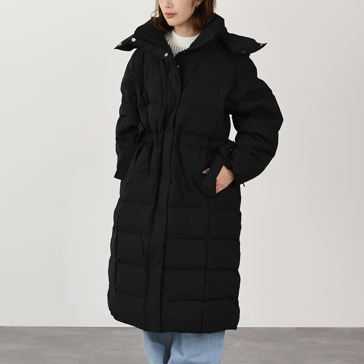 ダウン アウター ジャケット TECH SEERSUCKER PUFFER DOWN COAT F9688 レディース ブラック ハイカラー ジッパー開閉 フード 防寒 秋冬