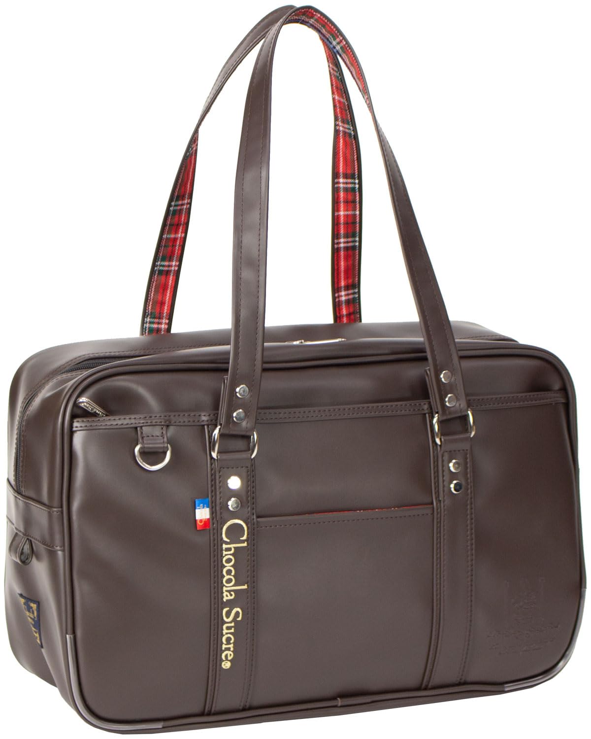 [ショコラシュクレ] 合皮 スクールバッグ 高校生 女子 ロゴ 型押 通学用 革 チェック柄 (茶色)