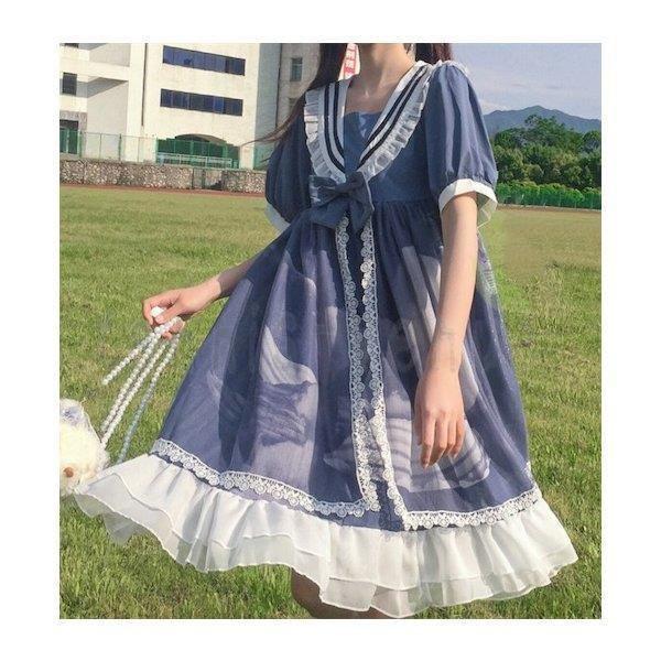 ワンピース レディース ロリータ ブルー ロリータファッション Lolita メイド服 コスプレ 春秋 夏半袖 膝丈 マリン風 ゴスロリ ドレス 黒