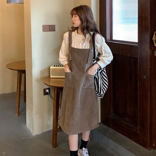 トップス ワンピース ブラウス 膝下 袖あり 長袖 ラウンドネック セミフレア ポケット ハイウエスト 上下セット ツーピース かわいい 大人可愛い カジュアル おしゃれ 大人女子 こなれ感 キュート