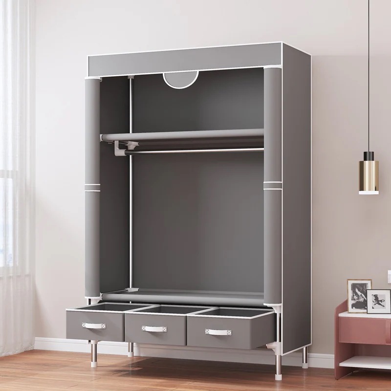 ワードローブ 大容量 カバー付き クローゼット ハンガーラック 3つの引き出し 整理タンス 衣類収納 組み立て式 工具不要