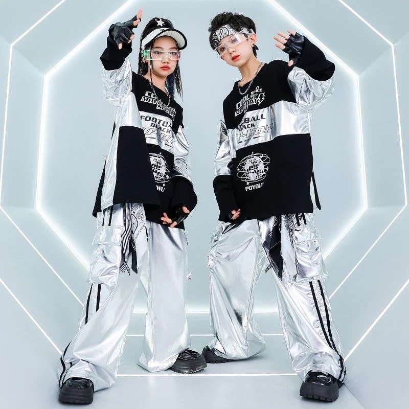 ストリートダンスの子供のファッション服の銀色のヒップホップの出演服の男の子のスーツのhiphopの女の子のクールでかっこいい元旦の出演服の秋