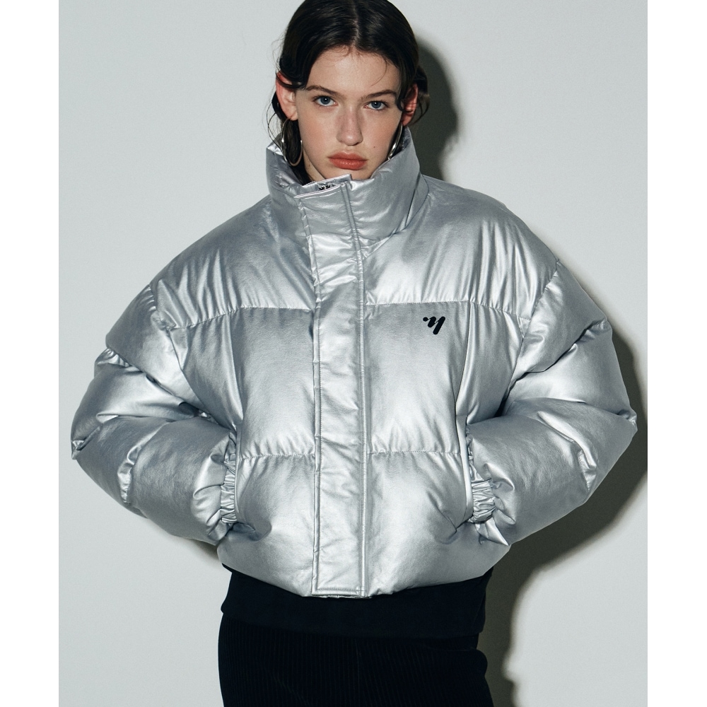 ニック&ニコールレザークロップパファーパディング_シルバー