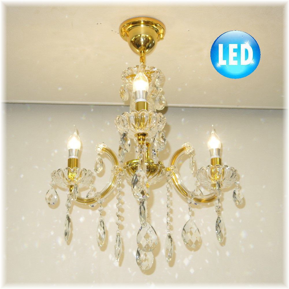 【LED付き！】新品 豪華！ LED シンプル デザイン キャンドル3灯 クリスタル シャンデリア ゴールドタイプ