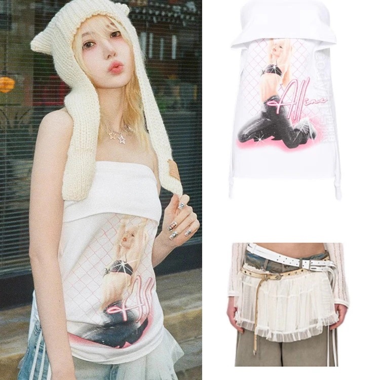 lesserafim 宮脇咲良堂 チューブトップドレス メッシュレイヤードバットカーテンスカートベルトダンス