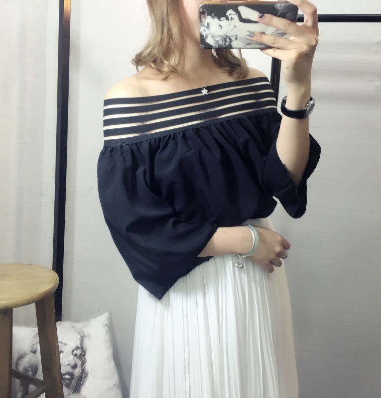 2313.フレアスリーブオフショルダートップス(ブラック) 2019 春夏 新作 大人 かわいい カジュアル シンプル デコルテ魅せ OL 20代 30代 デート服 女子会 オフショル リゾート